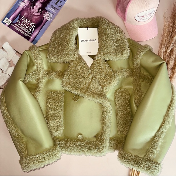 STAND STUDIO Sage Green Kristy Vegan Shearling Jacket - Picture 2 of 4